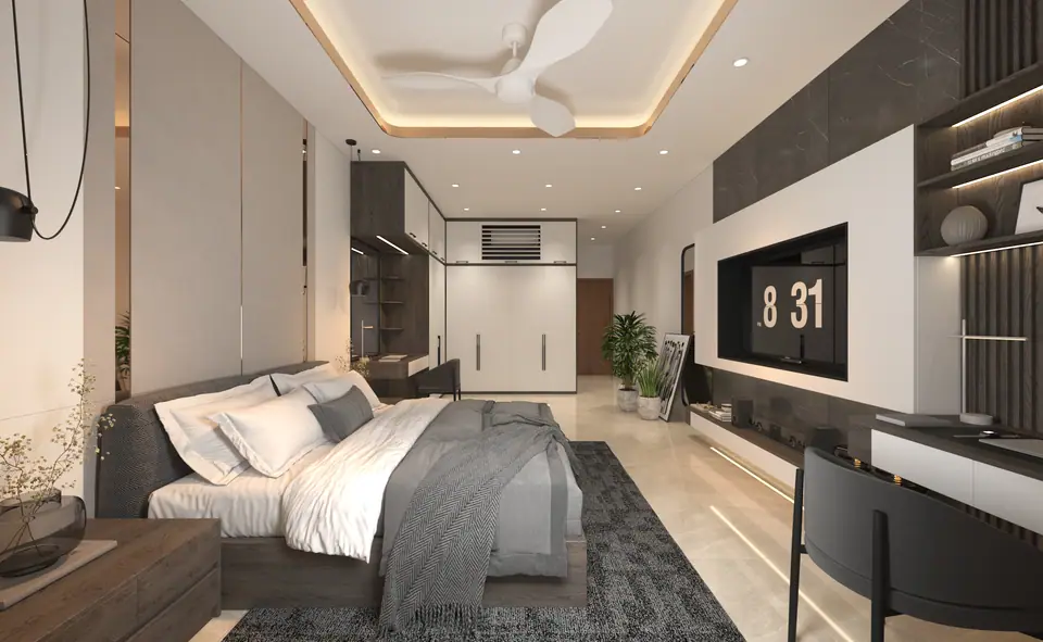 Phối cảnh phòng ngủ master hiện đại do KYHOME thiết kế, trần giật cấp viền đồng và vách tivi ốp đá
