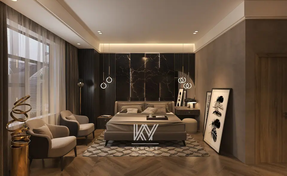 Phòng ngủ master sang trọng với vách marble đen khe đèn và cặp ghế bành