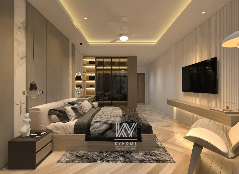 Phòng ngủ master với tủ kính khói walk-in cuối phòng, trần giật cấp và quạt trần